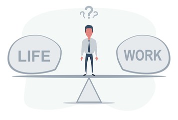 Standing in the middle between life and work. Work and Life balance concept. Businessman standing on seesaw. Vector flat design illustration.