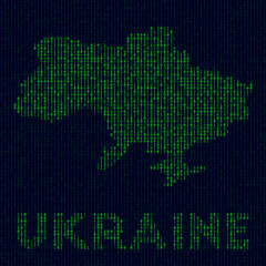 Digital Ukraine logo. Country symbol in hacker style. Binary code map of Ukraine with country name. Powerful vector illustration.