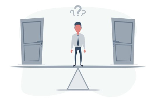 Two doors, men unable to make the right decision concept with question marks above his head. Businessman standing on seesaw. Vector flat design illustration.