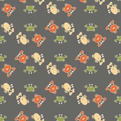 Retro cartoon crab vector seamless pattern background. Fifities style fun kawaii wildlife backdrop. Marine animal illustration. Mid century all over print for summer vacation, beach holiday concept