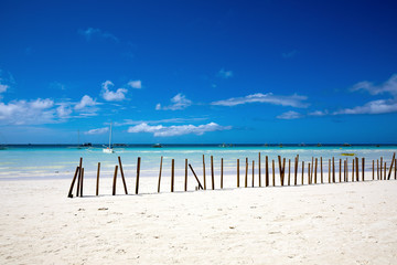white beach and bamboos on Boracay island, Philippines.