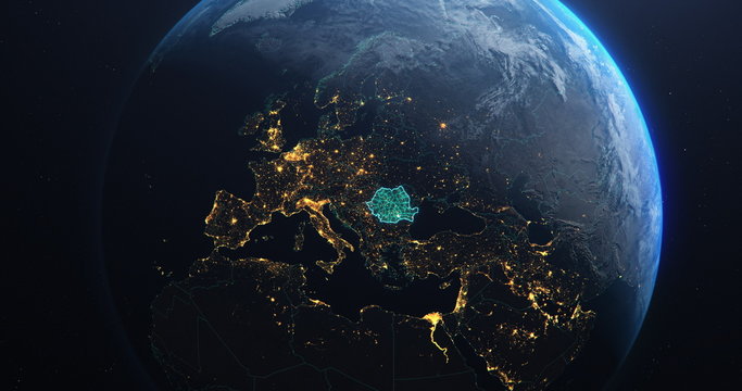 Romania map from outer space, teal highlight planet earth technology, 3d illustration, elements of this image courtesy of NASA