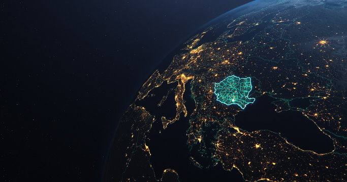 Romania map from outer space, teal highlight planet earth technology, copy negative space,  3d illustration, elements of this image courtesy of NASA
