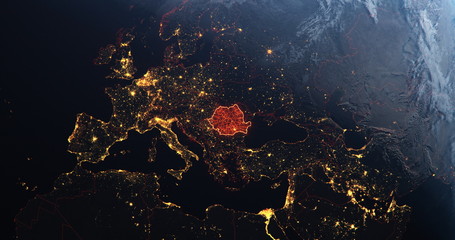 Romania map from outer space, red highlight planet earth technology, 3d illustration, elements of this image courtesy of NASA