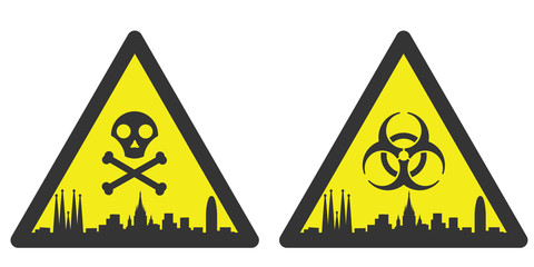 Barcelona Danger Emergency Biological Hazard Signs and Skyline