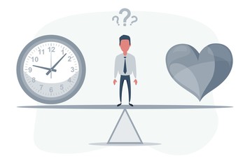 A clock and a red heart hung together on a rope. Time and love concept. Businessman standing on seesaw. Vector flat design illustration.