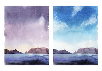 Watercolor hand painted evening and day landscape with mountains and see illustration set