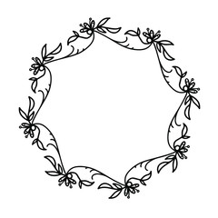 Beautiful wreath of repeating abstract flowers and elements on a white background. Black and white vector illustration of a floral wreath with place for text. Isolated outline object for your design.