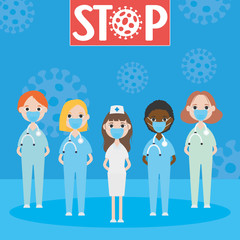 stop covid 19 concept, cartoon doctors standing with mouth masks, colorful design