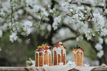 Easter cake decorated with glaze, dry fruits, sprinkles, dry flowers. Easter quail eggs in pastel shades in the spring garden with blooming apple tree