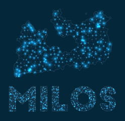 Milos network map. Abstract geometric map of the island. Internet connections and telecommunication design. Elegant vector illustration.