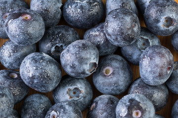 Fresh blueberry in white plate photographed against wooden background
