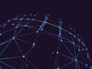 Abstract technology neural network and sphere geometry orb and polygonal lines and dots. Futuristic Technology, digitally generated image, 3d rendering