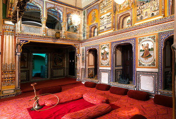 Interior of historical Podar Haveli Museum, built in 1902 with antique collections of fresco - obrazy, fototapety, plakaty