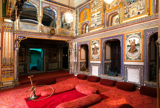 Interior of historical Podar Haveli Museum, built in 1902 with antique collections of fresco