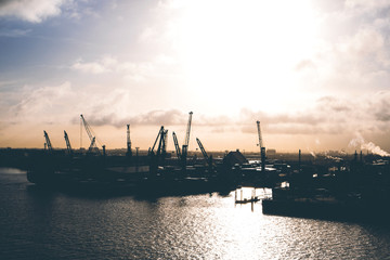 Fototapeta na wymiar Backlight cranes in Hamburg