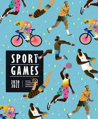Fotobehang Sport games. Vector illustration of athletes: cycling, tennis, basketball, volleyball, athletics. Competition drawing for poster, background or cover.  © Ardea-studio