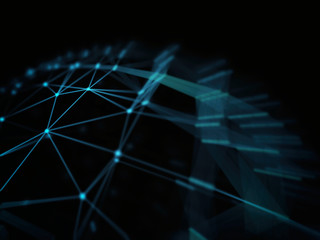 Abstract technology neural network and sphere geometry orb and polygonal lines and dots. Futuristic Technology, digitally generated image, 3d rendering