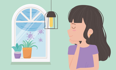 stay at home quarantine, woman in room with window lamp and potted plants