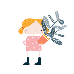 Funny little girl with flower. Cute kids graphic. Vector hand drawn illustration.