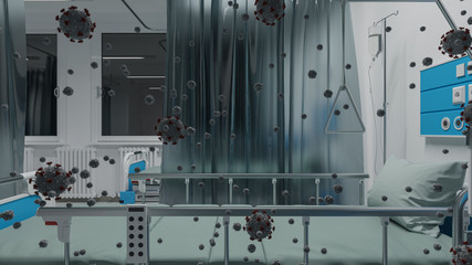 Inside an Illuminated Hospital Ward with Virus Particles 3D Rendering