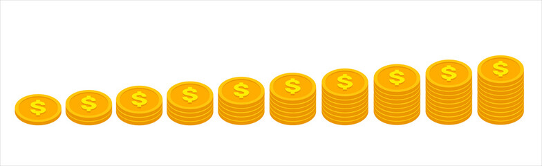 Golden dollar coins stack from 1 to 10 in flat isometric style