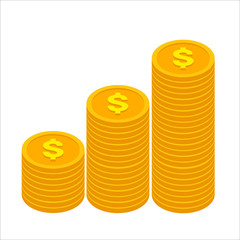 Isometric golden dollars coins stack from small to big stack in flat isometric style