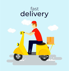 Fast and free delivery by scooter. E-commerce concept. Vector cartoon illustration. Food service. Webpage, app design. Pastel blue background.
