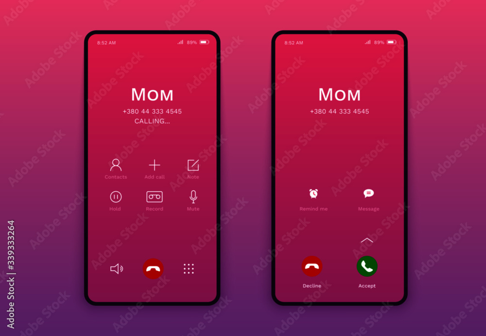 Aufkleber call screen gui interface. smartphone incoming outcoming call template, flat mobile app page isolate