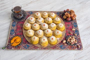 Egyptian cookies "Kahk El Eid", variation with the addition of turmeric when cooking. Cookies of El Fitr Islamic Feast. Ramadan sweets