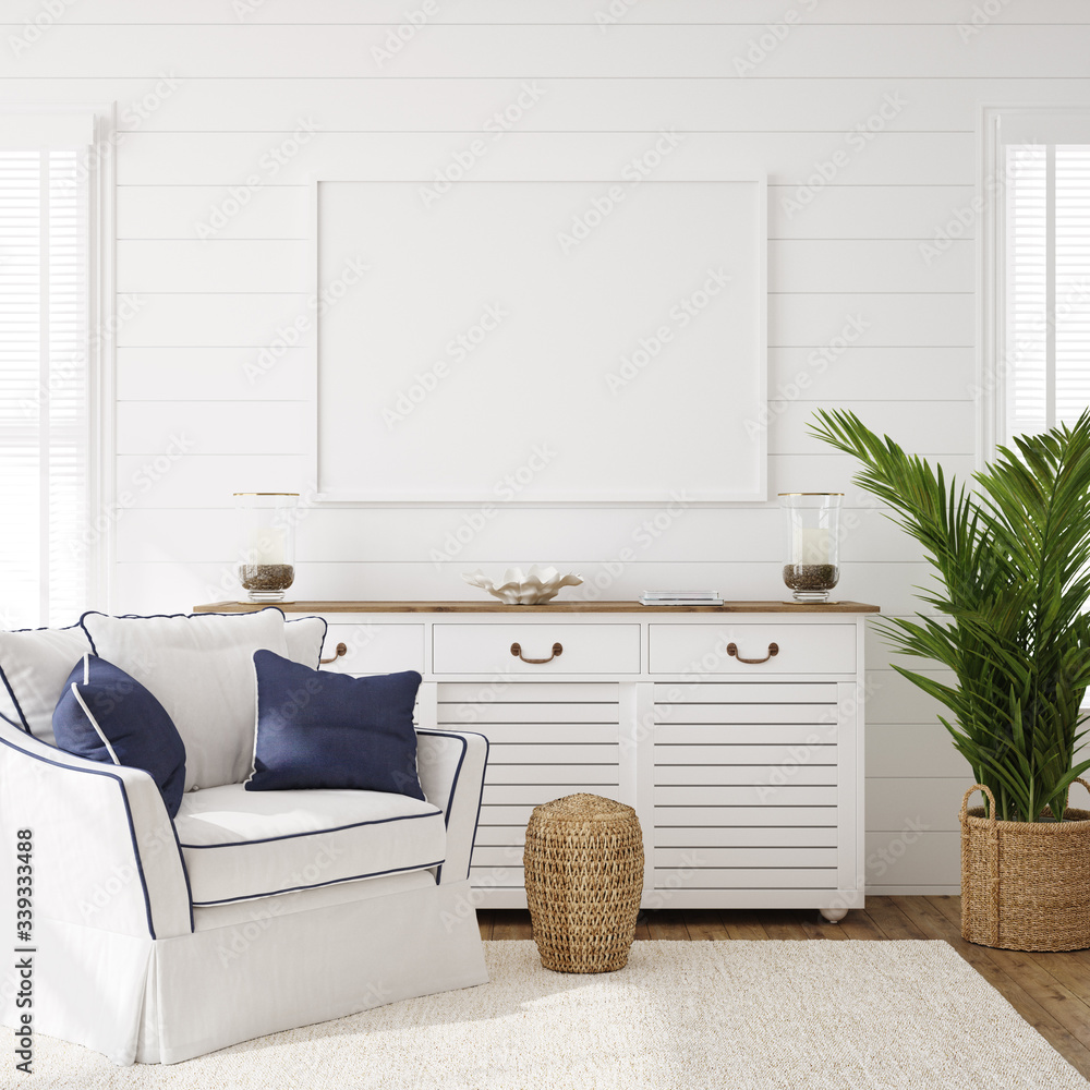 Wall mural hampton style living room interior with frame mockup, 3d render