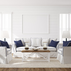 Hampton style living room interior with frame mockup, 3d render