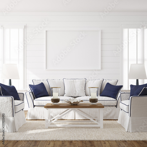 Fototapete Hampton Style Living Room Interior With Frame Mockup, 3d Render  Altersgenosse-artjafara