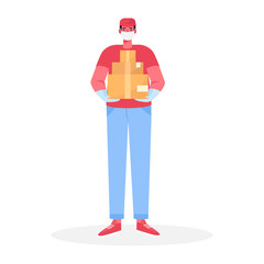 A delivery man in protective medical face mask and gloves holds a cardboard boxes in his hands. Delivery during the prevention of coronovirus concept. Vector illustration in cartoon flat style