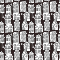 Vector seamless pattern with the image of vintage monochrome houses on a black background. Design for printing postcards, posters, leaflets, bedding, wrapping paper