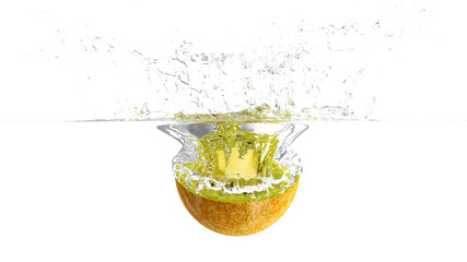 Sliced Kiwi Fruit Falling into Water with Splashes isolated on white background. 3D Rendering