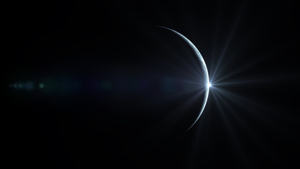 Sun slowly Rises and illuminates the Moon in space creating a thin bright Rim. Elements of this image furnished by NASA. 3D Rendering.