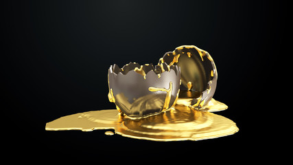 Shiny Melt Gold is Poured on a Broken Chocolate Easter Egg on black background. Happy Easter Concep. 3D Rendering