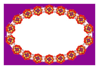 Rectangular lilac frame with an oval wreath of watercolor red-yellow-lilac flowers. Isolated raster element.