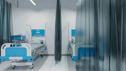 Empty Patient Beds Inside an Illuminated Hospital Ward 3D Rendering
