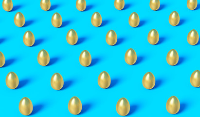 Heap of Golden Easter Eggs on Blue Background with same shadows. Abstract Happy Easter Background in Pop Art Style. 3D Rendering