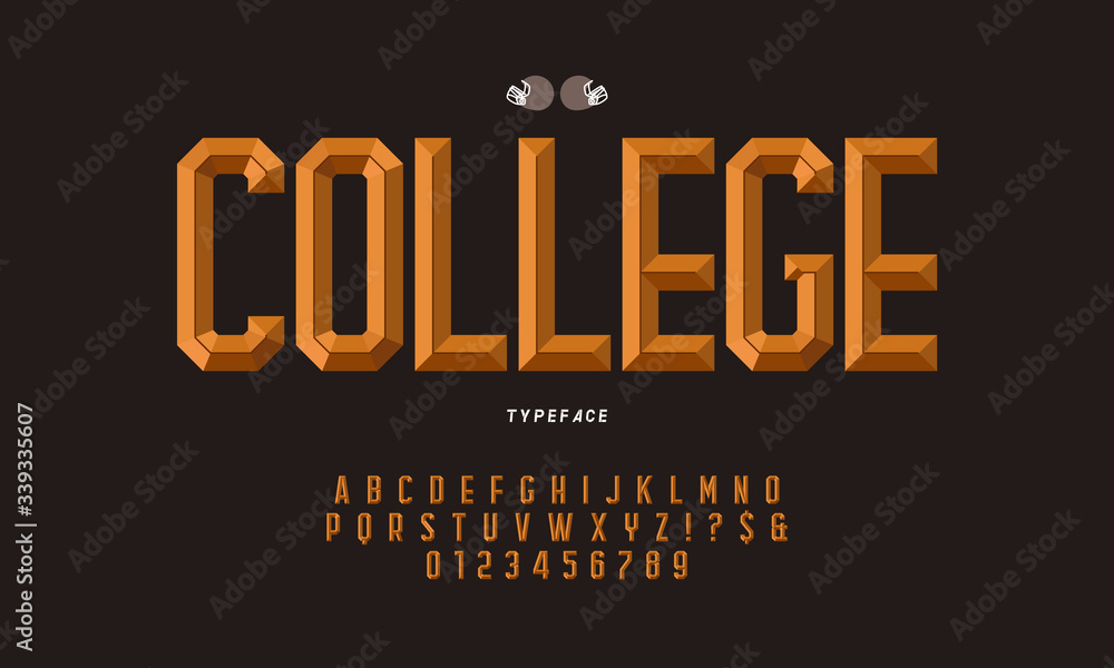 Poster octagonal font and alphabet, a set of 3d beveled letters and numbers.