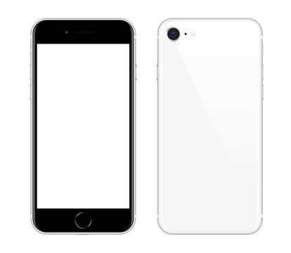 Anapa, Russian Federation - April, 15, 2020: New White Iphone SE, Front and back side.  Smartphone mock up with white screen. Illustration for app, web, presentation, design.
