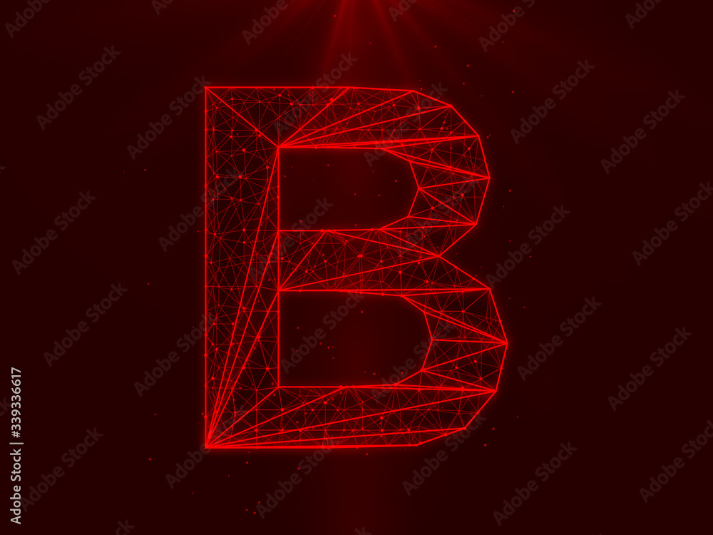 Poster letter b - futuristic letter symbol polygonal wireframe connections between dots and lines and red l