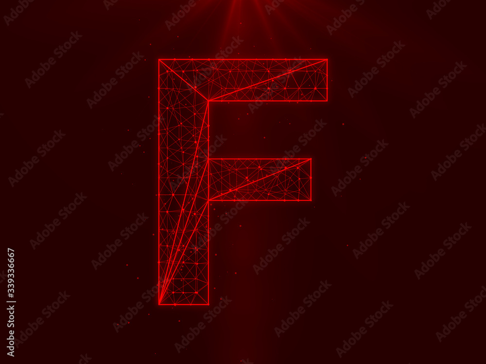 Poster letter f - futuristic letter symbol polygonal wireframe connections between dots and lines and red l