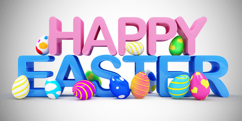 Happy Easter Text Symbol with Group of Painted Eggs on gradient background. 3D Rendering