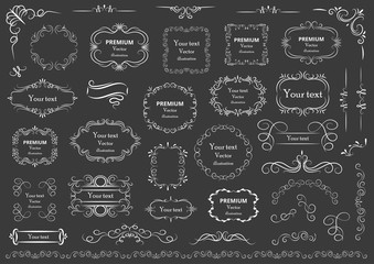 Calligraphic design elements . Decorative swirls or scrolls, vintage frames , flourishes, labels and dividers. Retro vector illustration.