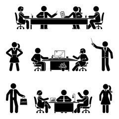 Stick figure office man and woman at business meeting vector icon set. Group of team employees talking, negotiating, discussing, working, sitting at desk, using computer on white