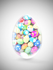 Glass Big Easter Egg with heap of painted easter eggs inside on gradient background. Happy Easter Concept. 3D Rendering