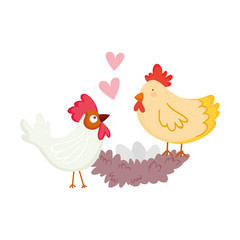 farm animals rooster hen and egg in nest cartoon
